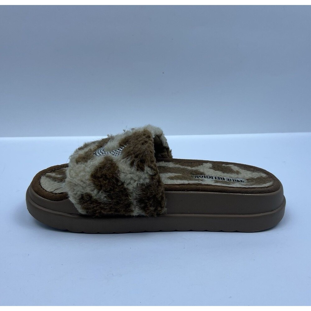 True Religion Women's Lamia Fuzzy Platform Slides Slippers Brown Cow Print Sz 8 - Picture 7 of 10